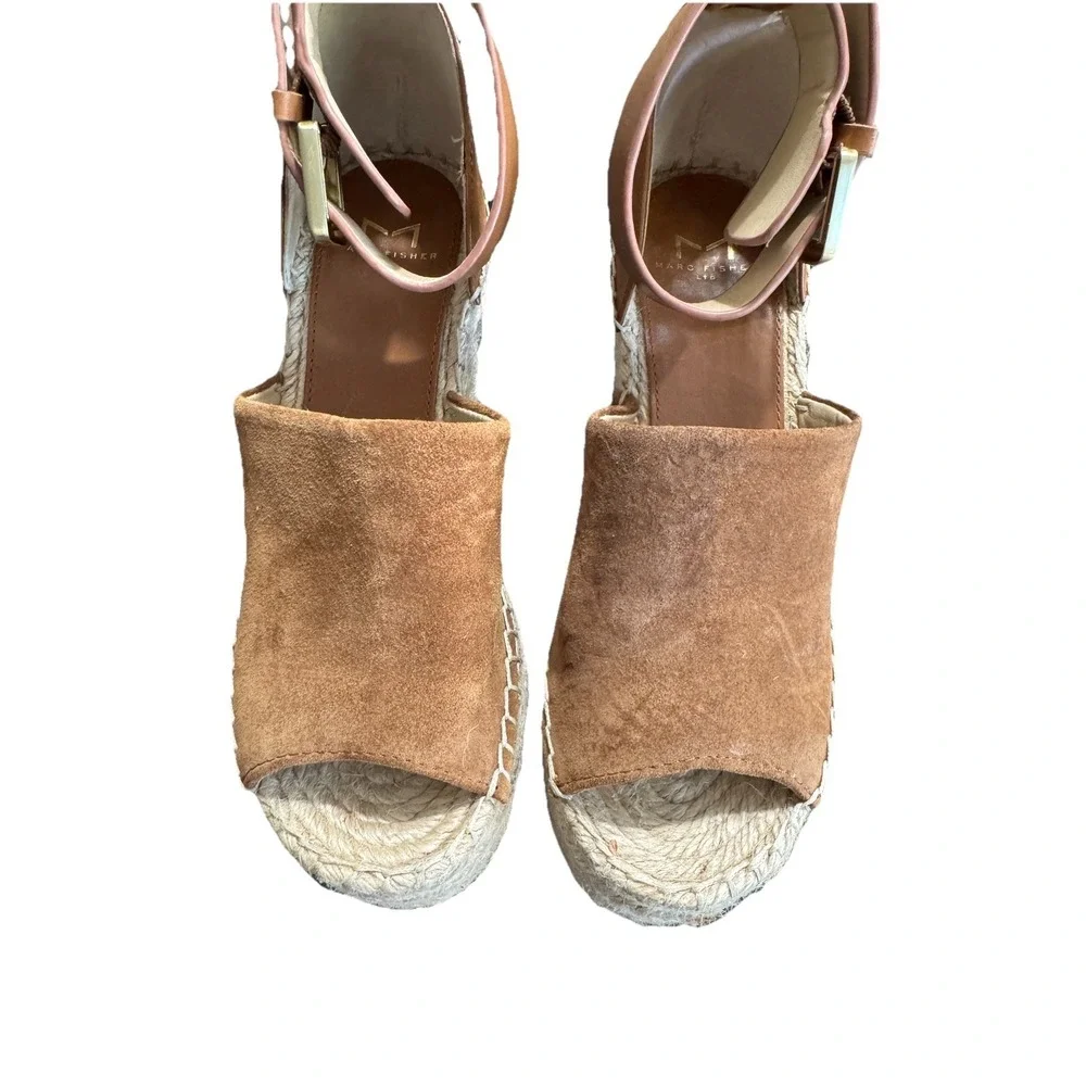 Marc Fisher Alida Suede Espadrille Platform Wedge Sandals Brown Open Toe 6.5M
